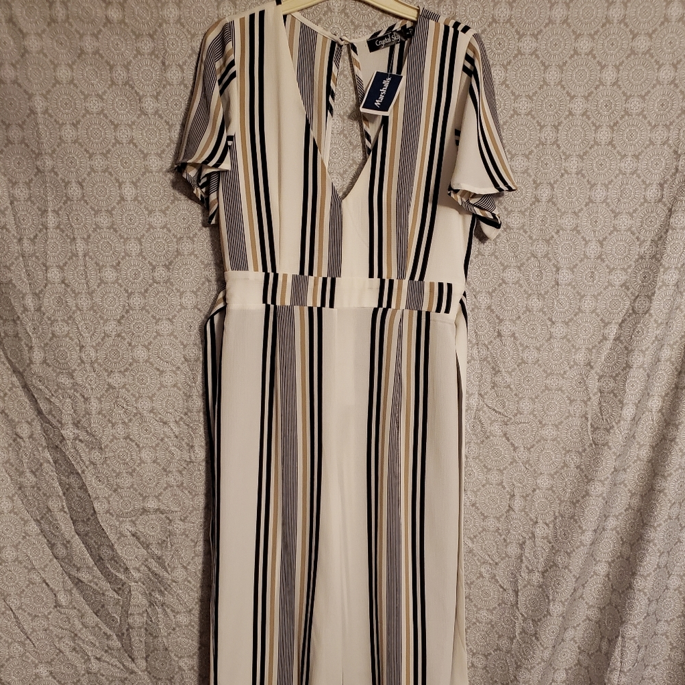 Striped Vneck Belted Wide Leg Jumpsuit
